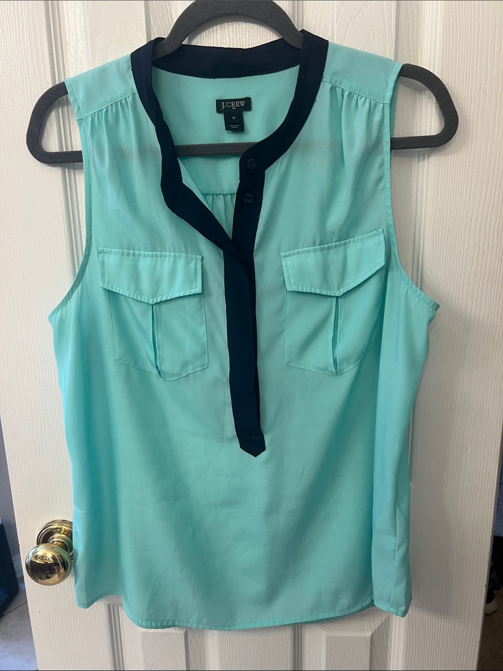 J. Crew Mint Green Sleeveless Blouse with Navy Trim